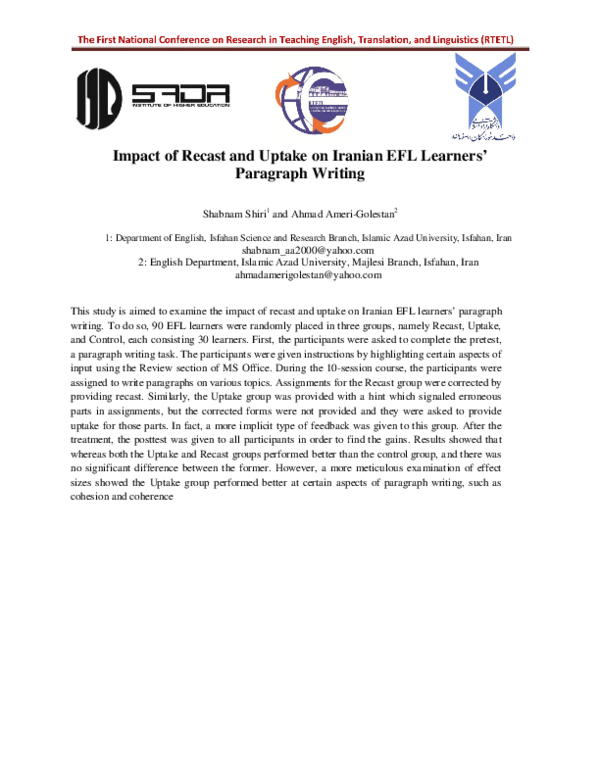 (PDF) Impact of Recast and Uptake on Iranian EFL Learners Input ...