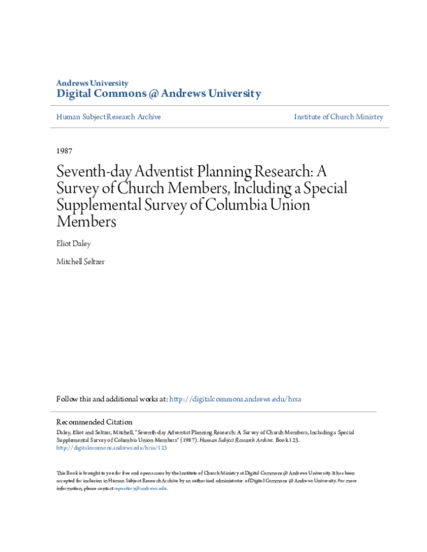 Seventh-day Adventist Planning Research: A Survey of Church Members, Including a Special Supplemental Survey of Columbia Union Members