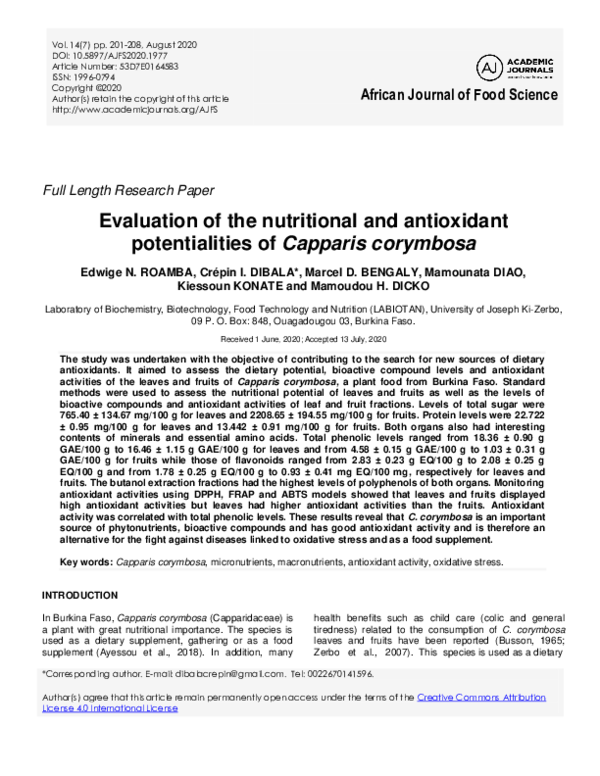 (PDF) Evaluation of the nutritional and antioxidant potentialities of ...