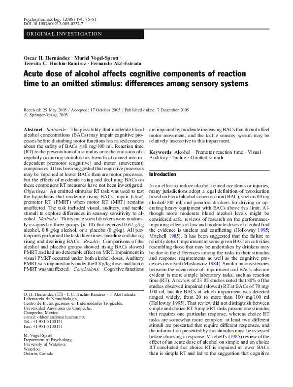 (PDF) Acute dose of alcohol affects cognitive components of reaction ...