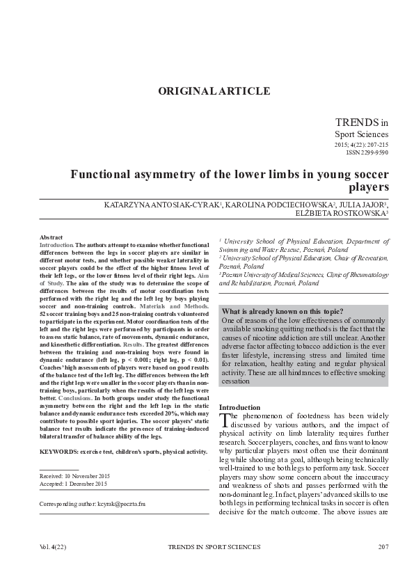 (PDF) Functional asymmetry of the lower limbs in young soccer players