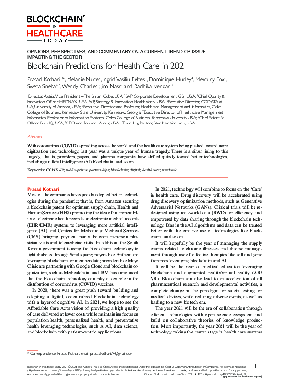 (PDF) Blockchain predictions for health care in 2021