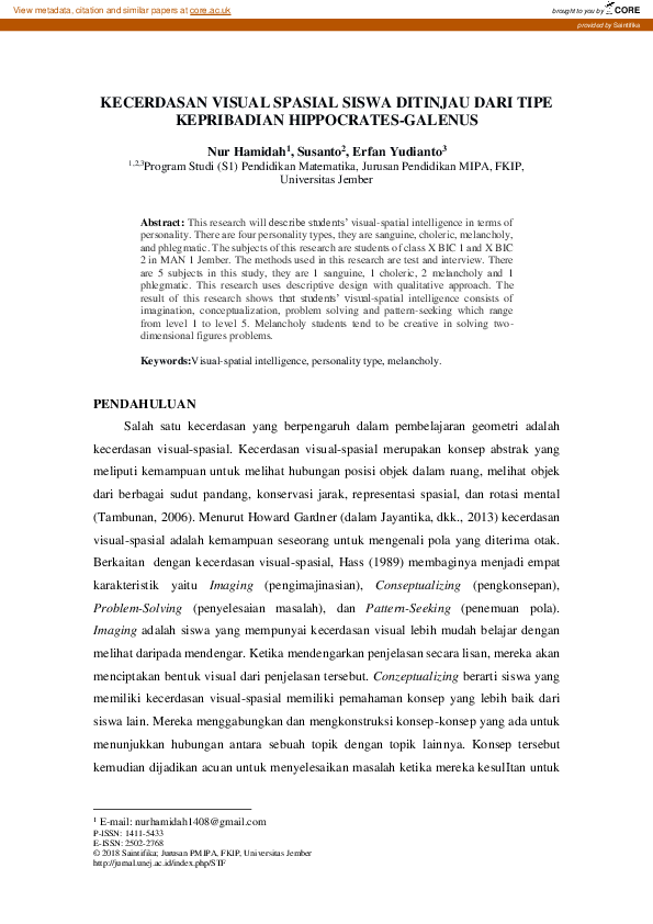 (PDF) Kecerdasan Visual Spasial Siswa Ditinjau Dari Tipe Kepribadian ...