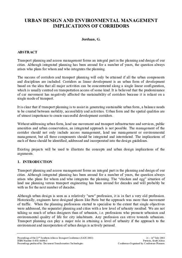 (PDF) Urban design and environmental management implications of corridors Gerrit Jordaan