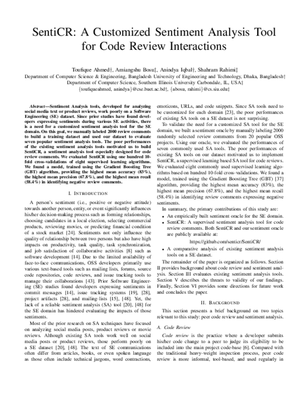 (PDF) SentiCR: A customized sentiment analysis tool for code review ...