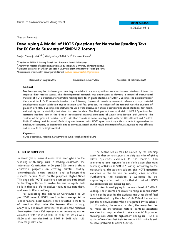 (PDF) Developing A Model of HOTS Questions for Narrative Reading Text ...