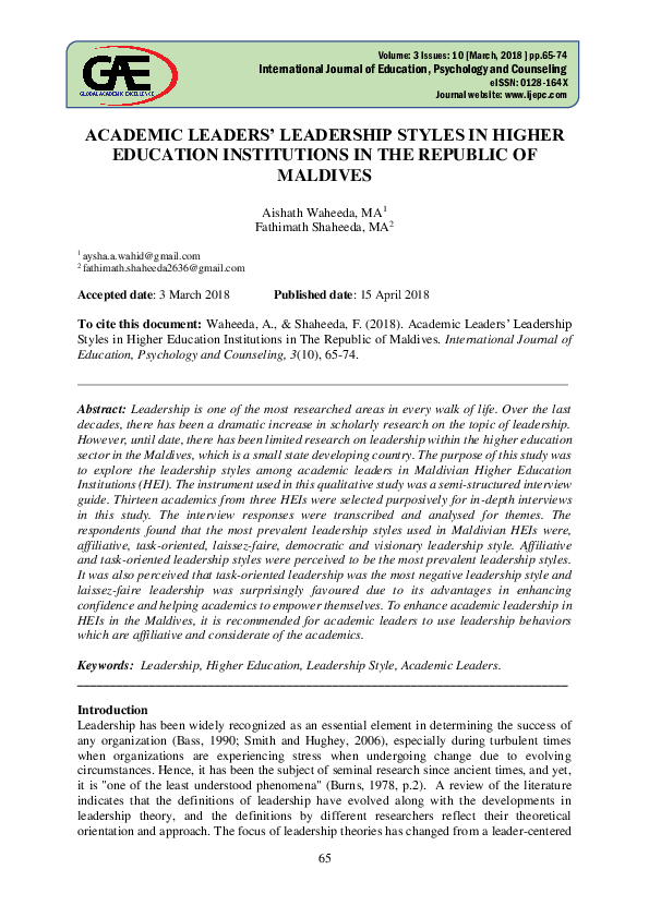 (PDF) Academic Leaders' Leadership Styles in Higher Education ...