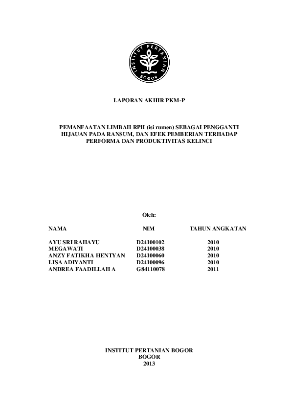 (PDF) Pemanfaatan limbah rph (isi rumen) sebagai pengganti hijauan pada ...