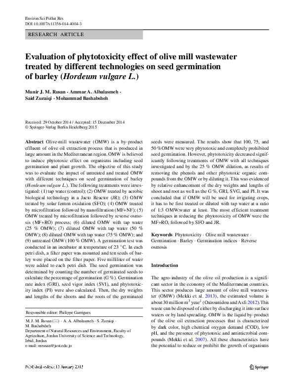 (PDF) Evaluation of phytotoxicity effect of olive mill wastewater ...