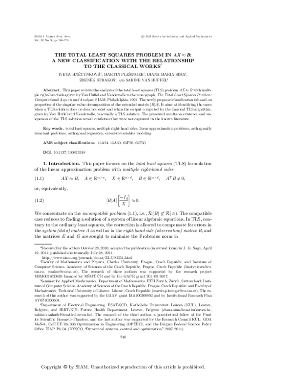 (PDF) The Total Least Squares Problem in AX≈B: A New Classification ...