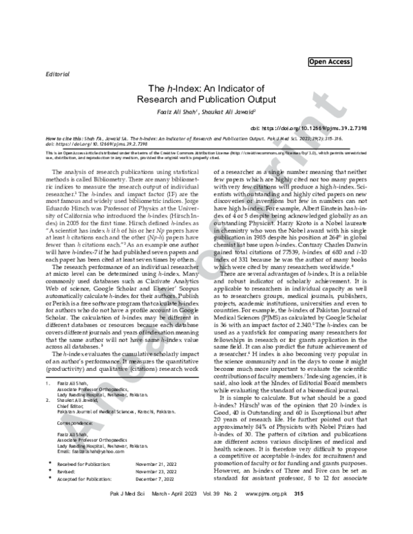 (PDF) The h-Index: An Indicator of Research and Publication Output