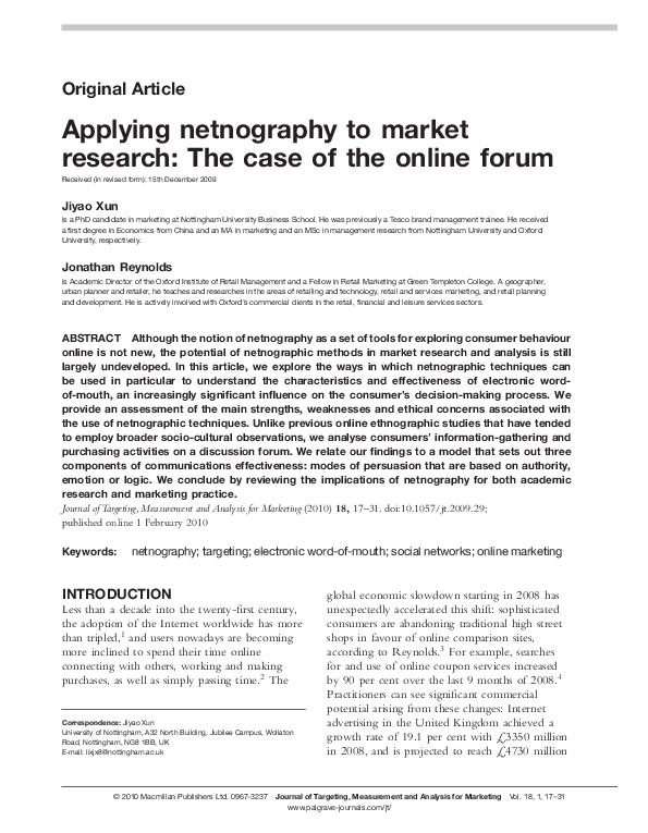 (PDF) Applying netnography to market research: The case of the online forum
