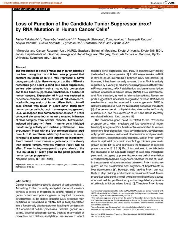 (PDF) Loss of Function of the Candidate Tumor Suppressor prox1 by RNA ...