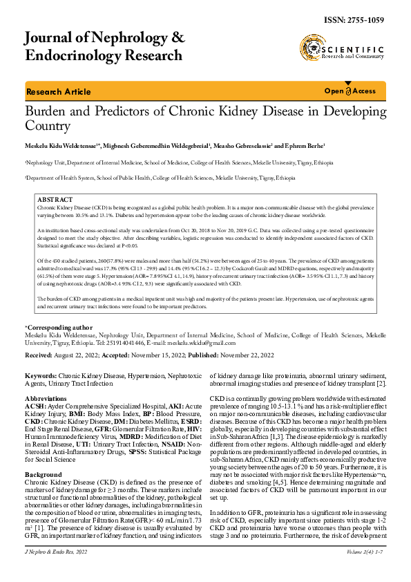 (PDF) Burden and Predictors of Chronic Kidney Disease in Developing Country