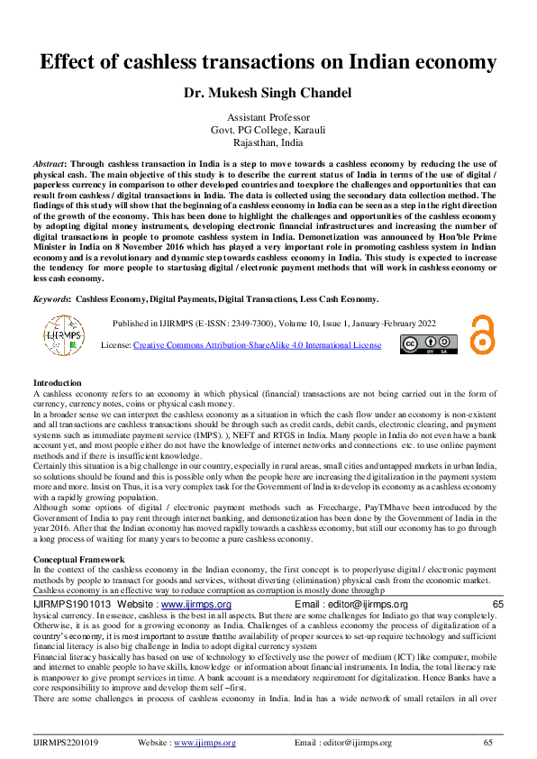 (PDF) Effect of Cashless Transactions on Indian Economy