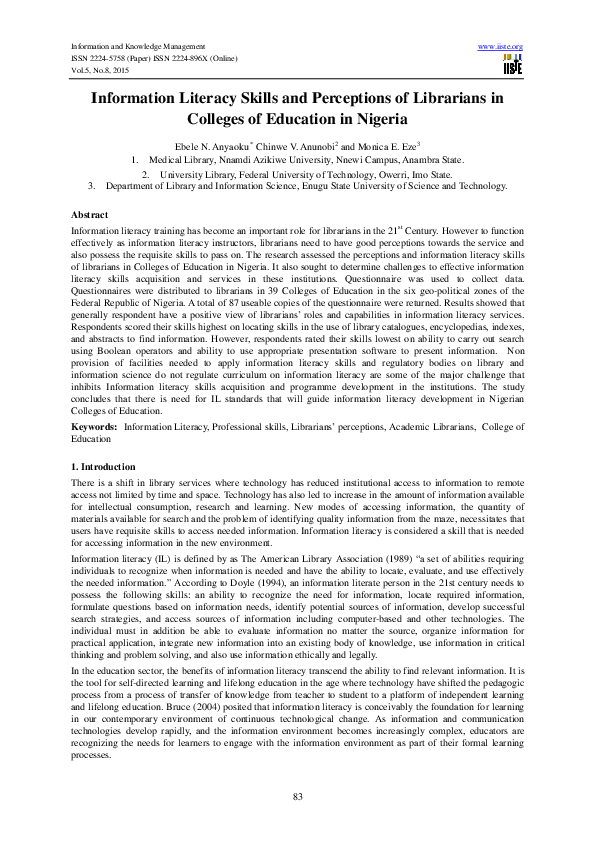(PDF) Information Literacy Skills and Perceptions of Librarians in ...