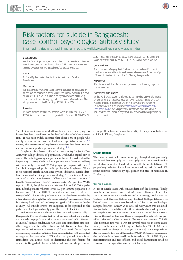 (PDF) Risk factors for suicide in Bangladesh: case–control ...