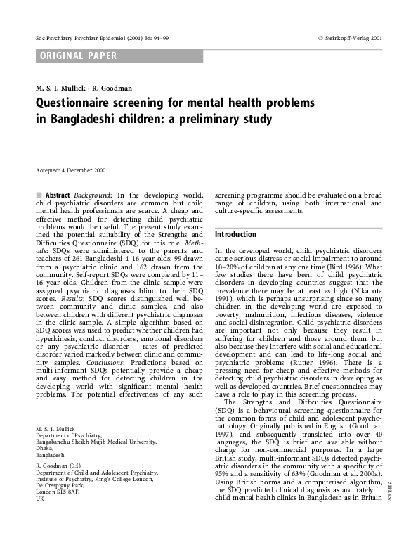 (PDF) Questionnaire screening for mental health problems in Bangladeshi ...