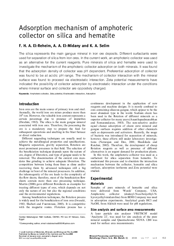 (PDF) Adsorption mechanism of amphoteric collector on silica and hematite