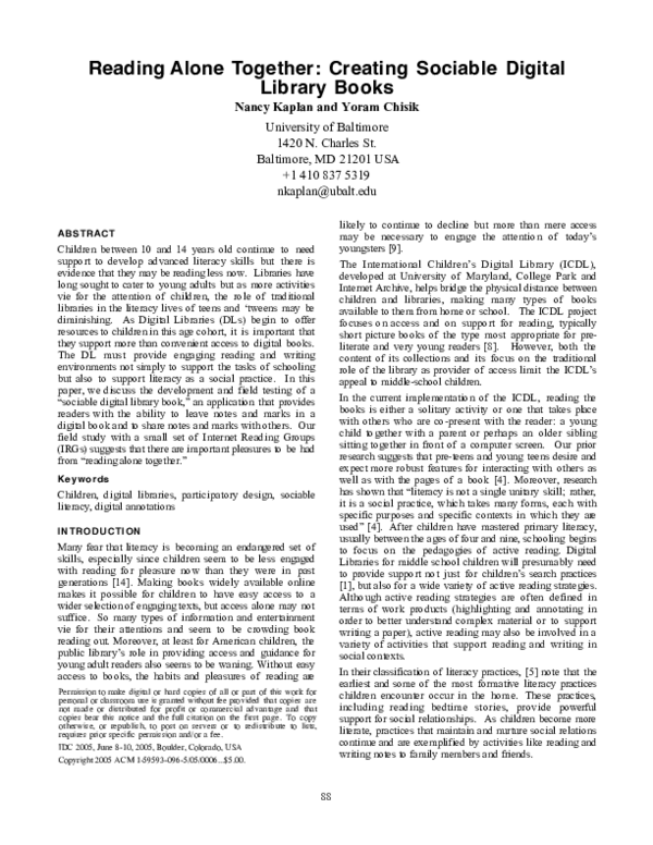 (PDF) Reading alone together Creating sociable digital library books
