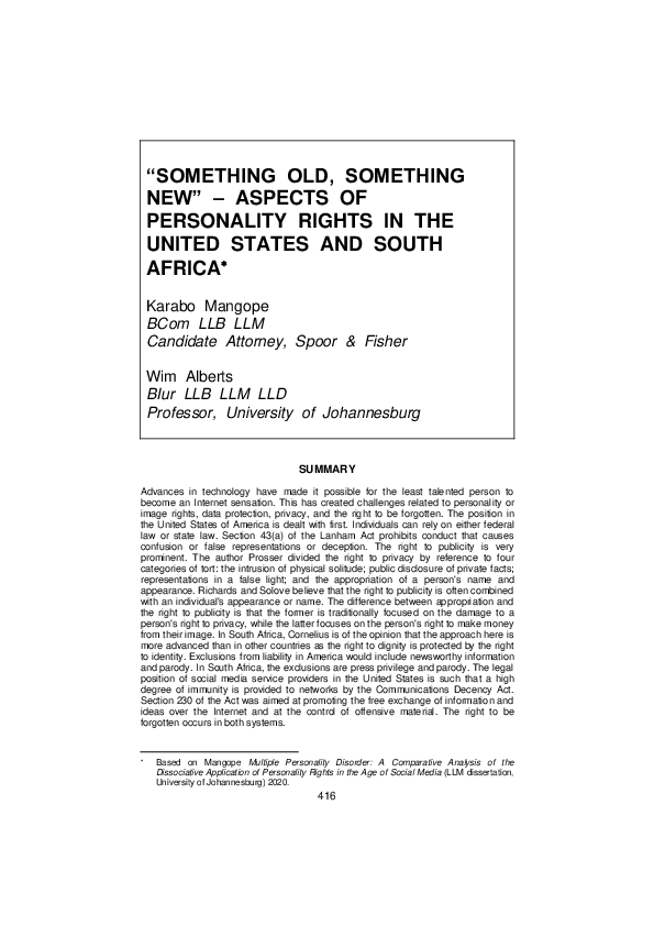 (PDF) “Something Old, Something New” – Aspects of Personality Rights in ...