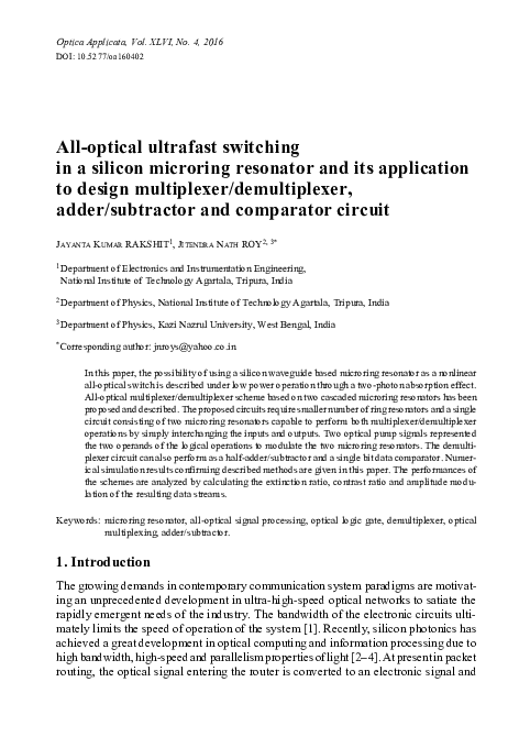 (PDF) All-optical ultrafast switching in a silicon microring resonator ...