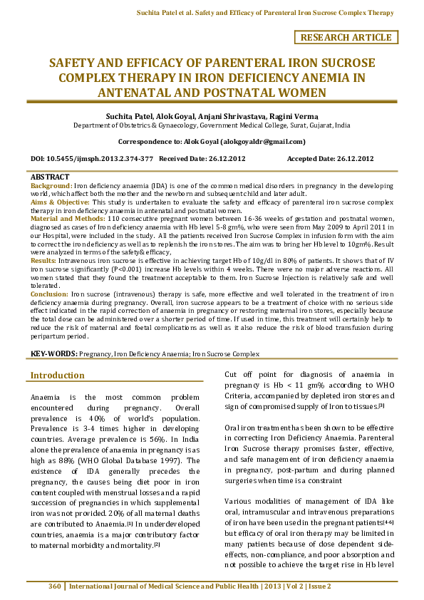 (PDF) Safety and efficacy of parenteral iron sucrose complex therapy in ...