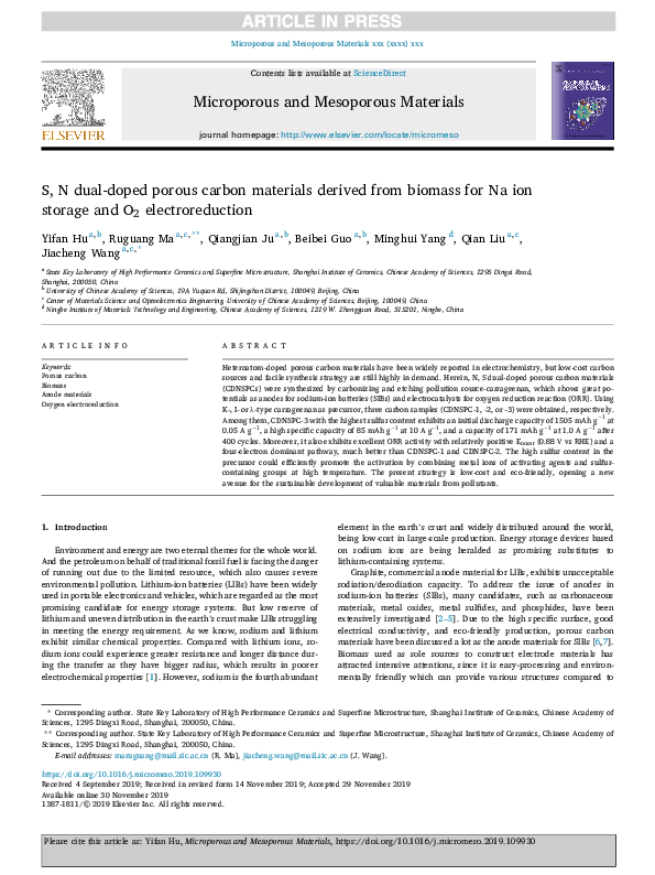 (PDF) S, N dual-doped porous carbon materials derived from biomass for ...