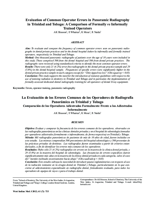 (PDF) Evaluation of common operator errors in panoramic radiography in Trinidad and Tobago a