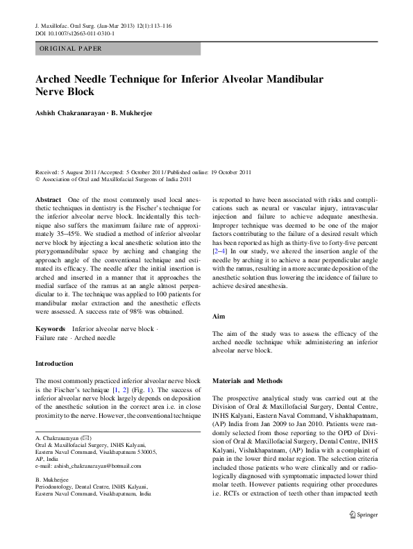 (PDF) Arched Needle Technique for Inferior Alveolar Mandibular Nerve Block