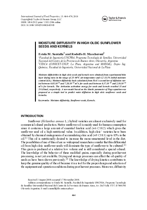 (PDF) Moisture Diffusivity in High Oleic Sunflower Seeds and Kernels