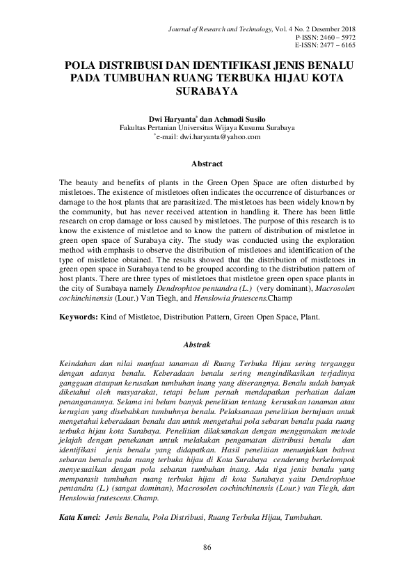 (PDF) Pola Distribusi Dan Identifikasi Jenis Benalu Pada Tumbuhan Ruang
