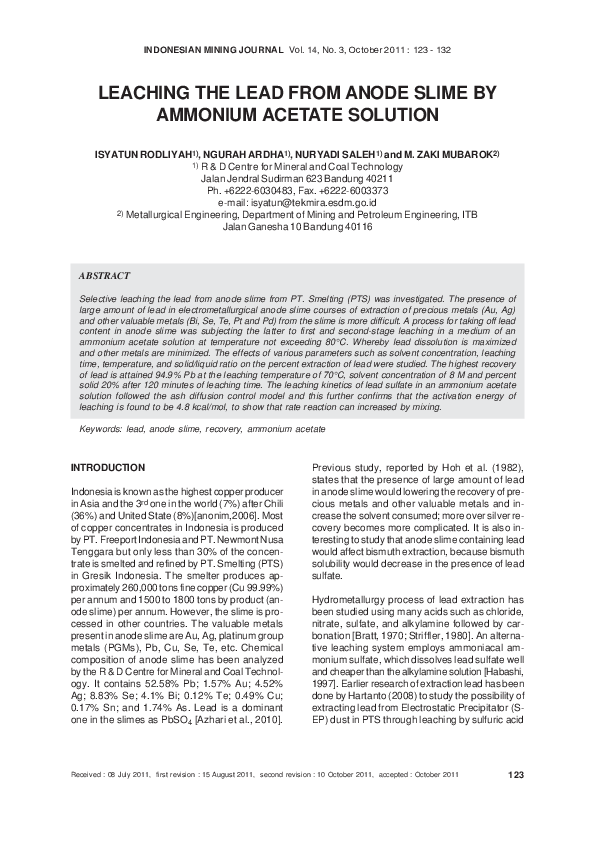 (PDF) Leaching the Lead from Anode Slime by Ammonium Acetate Solution