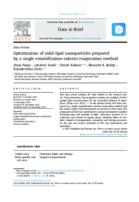 (PDF) Optimization of solid lipid nanoparticles prepared by a single ...