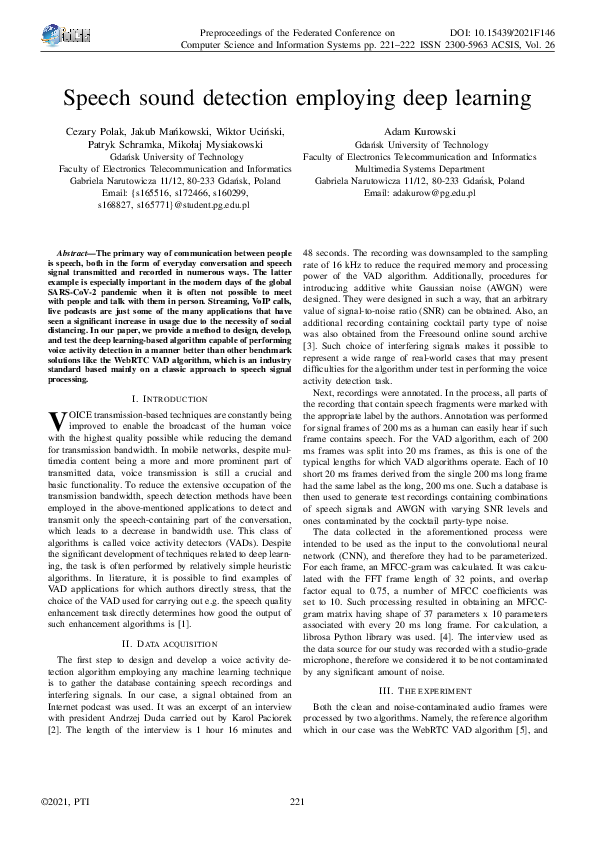 (PDF) Speech sound detection employing deep learning