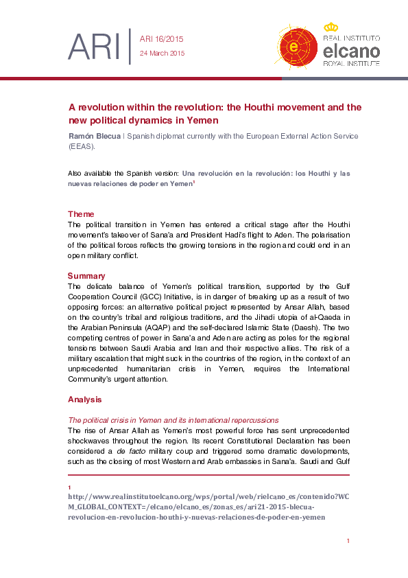 A revolution within the revolution: the Houthi movement and the new political dynamics in Yemen