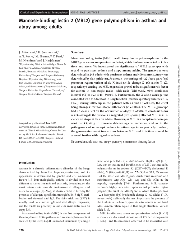 (PDF) Mannose-binding lectin 2 (MBL2) gene polymorphism in asthma and ...