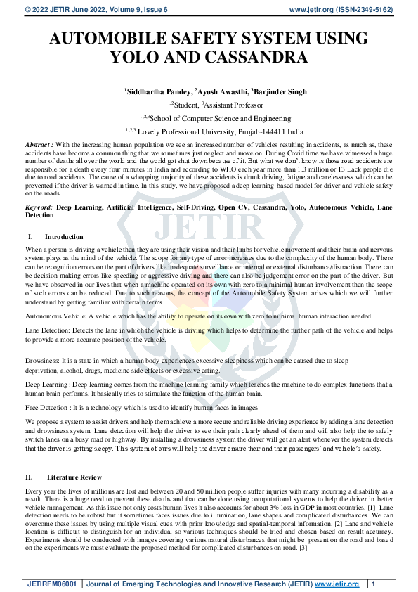 (PDF) Automobile Safety System using Yolo and Cassandra ayush awasthi