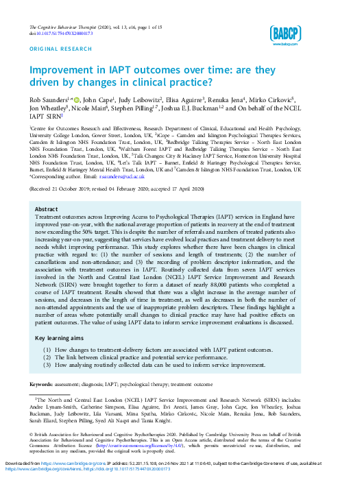 (PDF) Improvement in IAPT outcomes over time: are they driven by ...