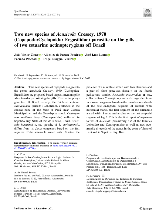 (PDF) Two new species of Acusicola Cressey, 1970 (Copepoda:Cyclopoida ...