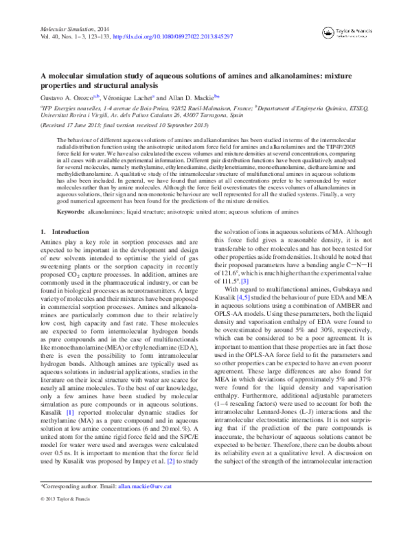 (PDF) A molecular simulation study of aqueous solutions of amines and ...