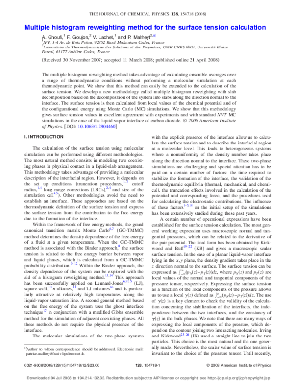 (PDF) Multiple histogram reweighting method for the surface tension