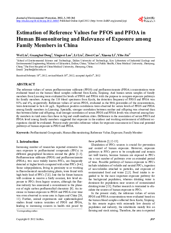 (PDF) Estimation of Reference Values for PFOS and PFOA in Human ...