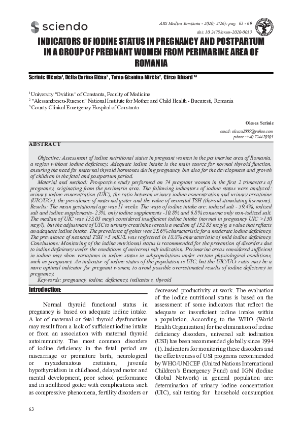 (PDF) Indicators of Iodine Status in Pregnancy and Postpartum in a ...