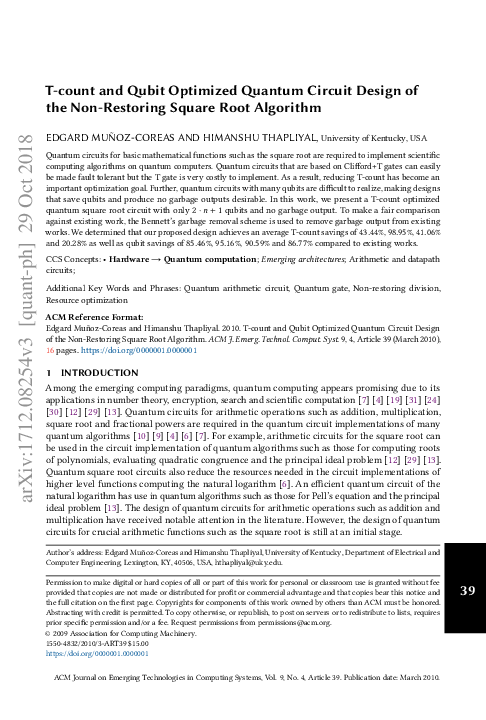 (PDF) T-count and Qubit Optimized Quantum Circuit Design of the Non ...