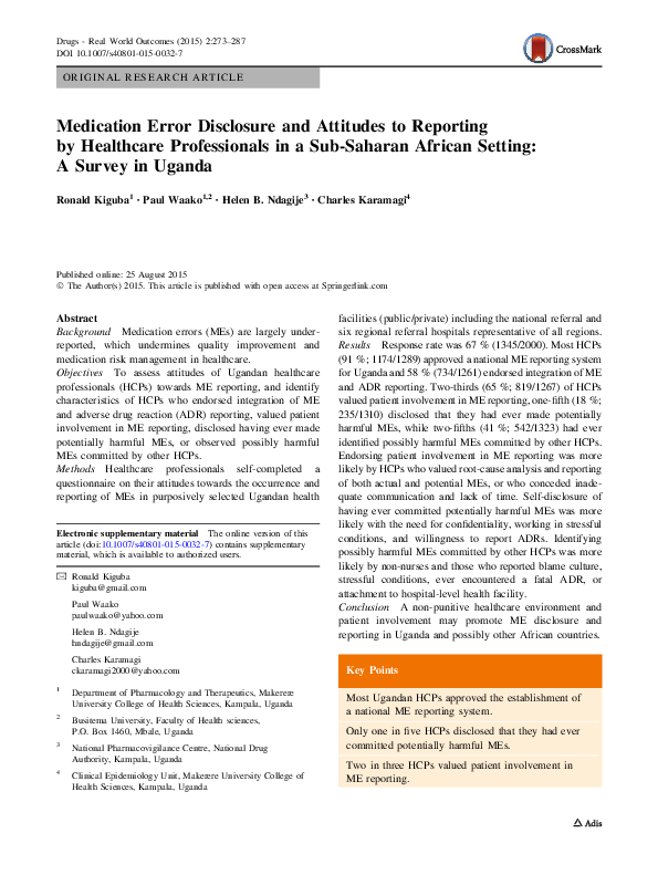 (PDF) Medication Error Disclosure and Attitudes to Reporting by