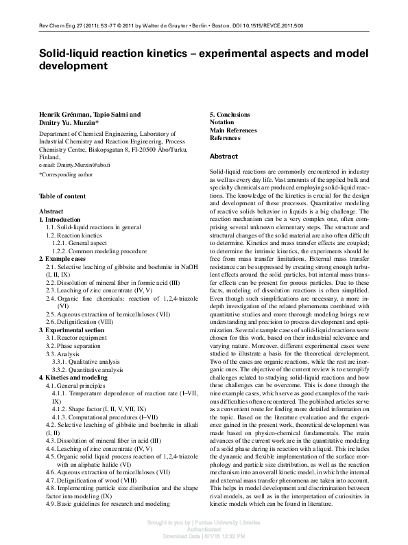 (PDF) Solidliquid reaction experimental aspects and model