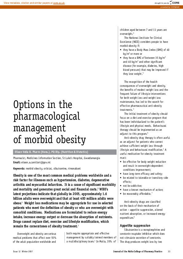 (PDF) Options in the pharmacological management of morbid obesity