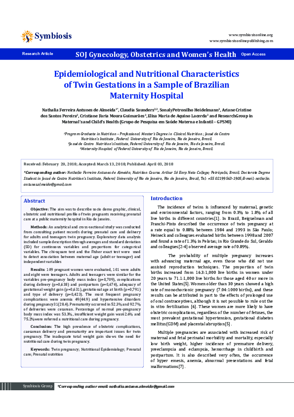 (PDF) Epidemiological and Nutritional Characteristics of Twin ...