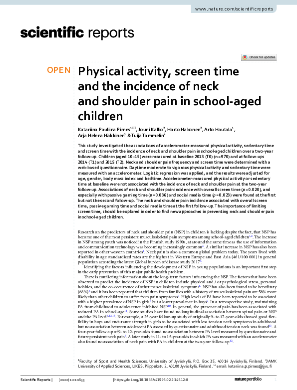 (PDF) Physical activity, screen time and the incidence of neck and ...